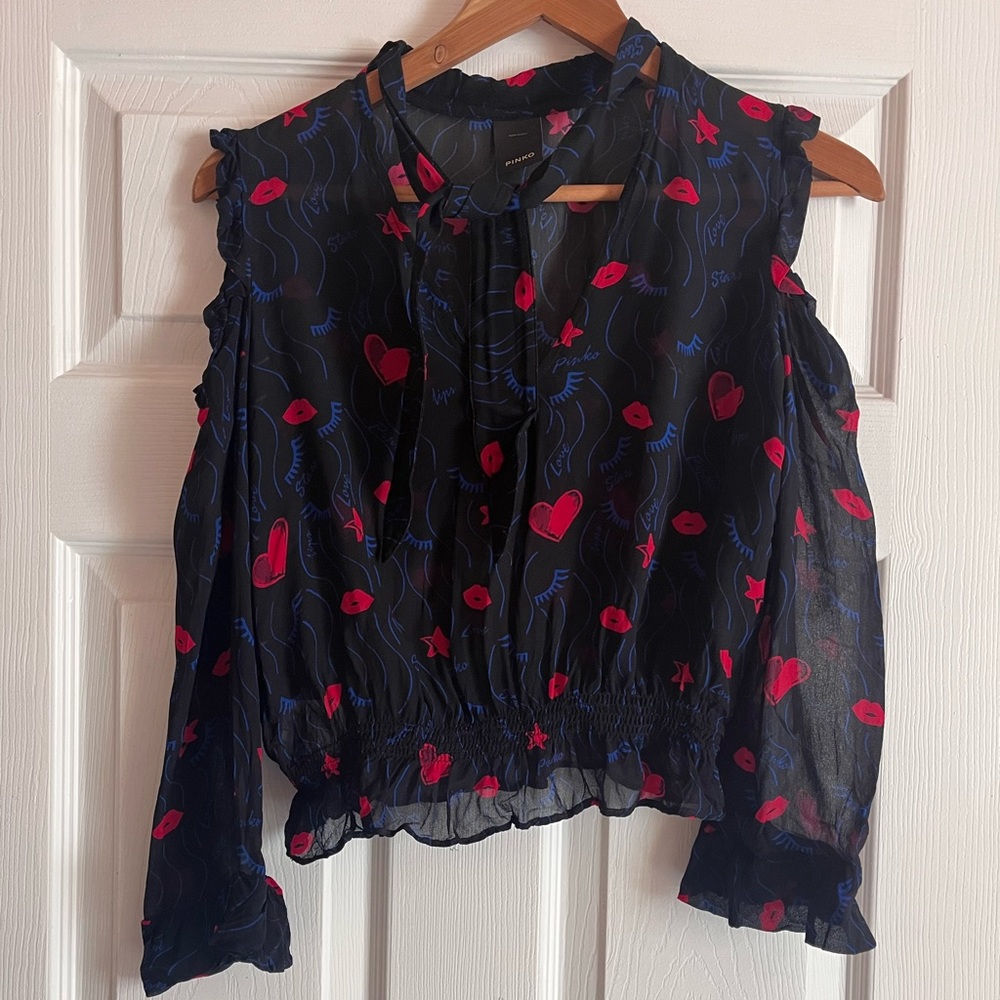 Pinko Hearts Lips Stars Sheer Off the Shoulder Tie Blouse